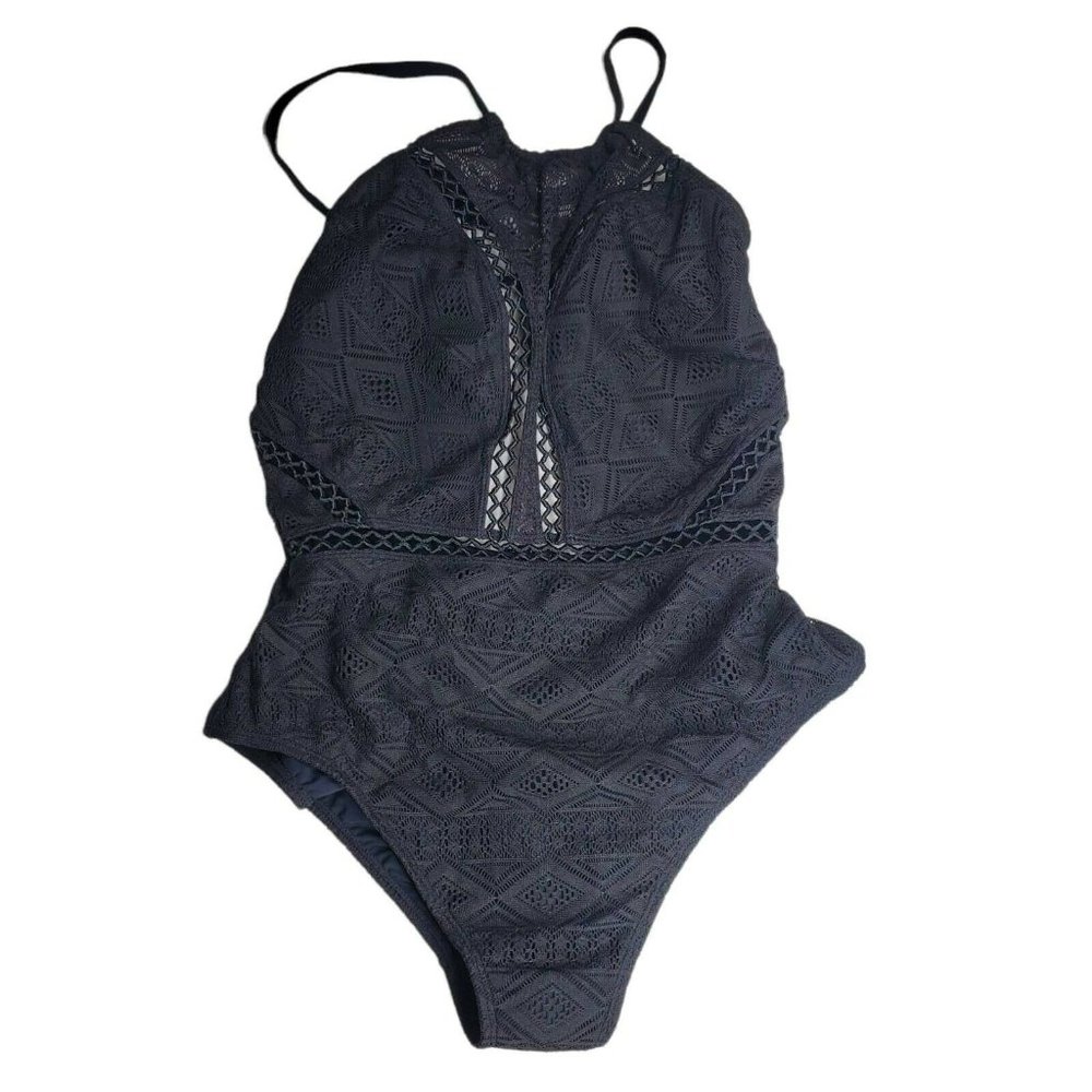Hula Honey Womens One Piece Swimsuit Black Halter Neck Stretch Lace L New